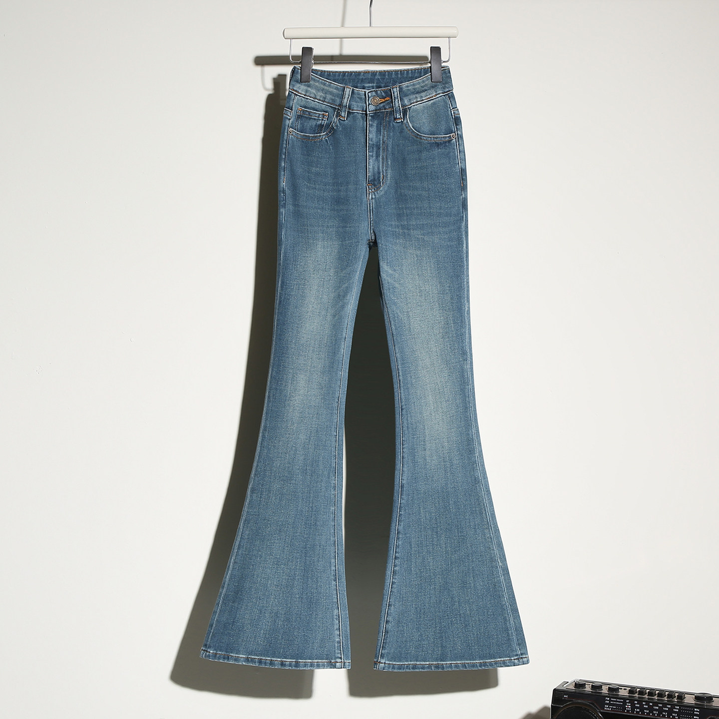 it :CHOCOOLATE蓝色紧身微喇牛仔裤女高腰修身显瘦弹力拖地喇叭裤