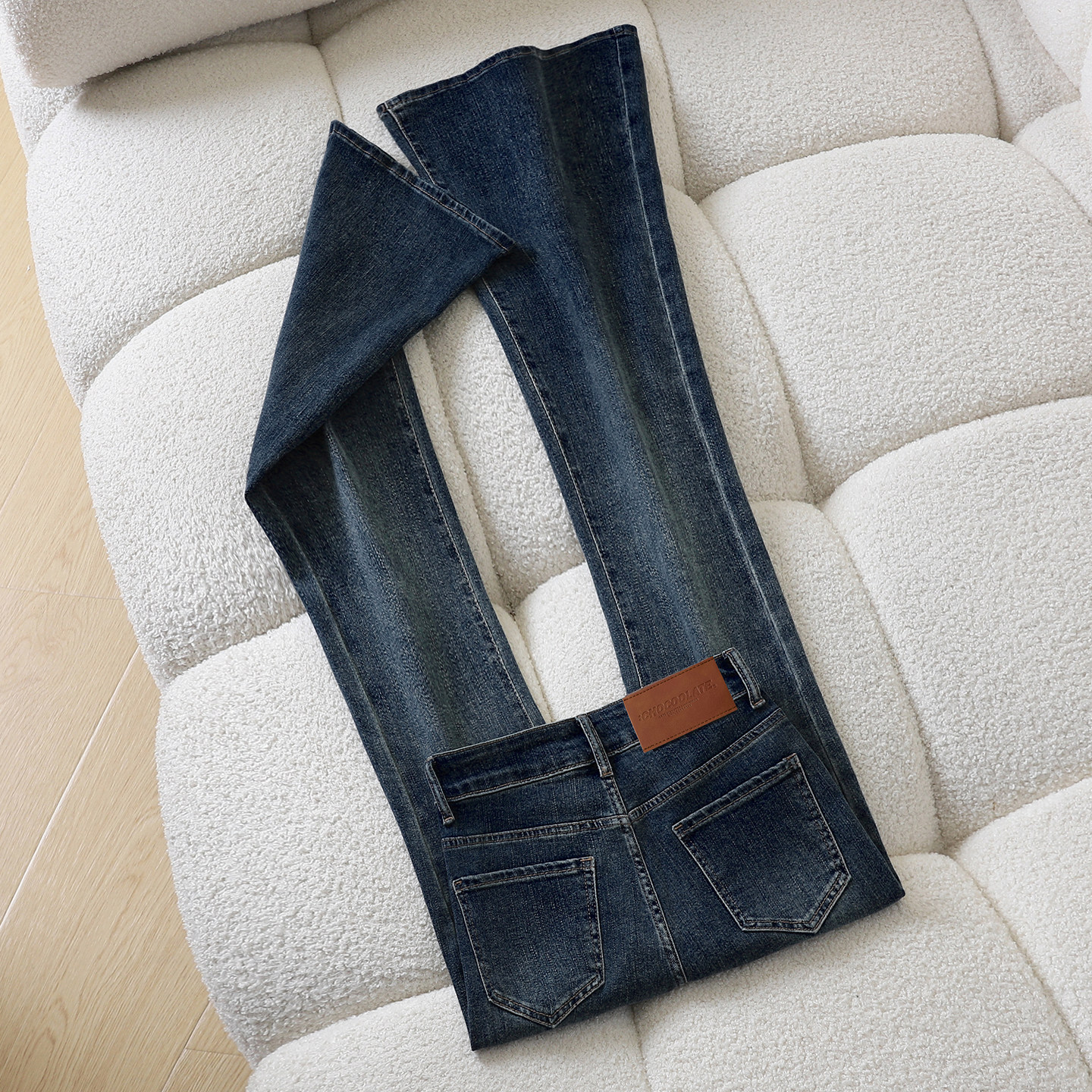 it :CHOCOOLATE蓝色紧身微喇牛仔裤女高腰修身显瘦弹力拖地喇叭裤