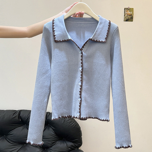 百搭辣妹毛衣上衣 女撞色边修身 温柔韩系风蓝色翻领长袖 针织开衫