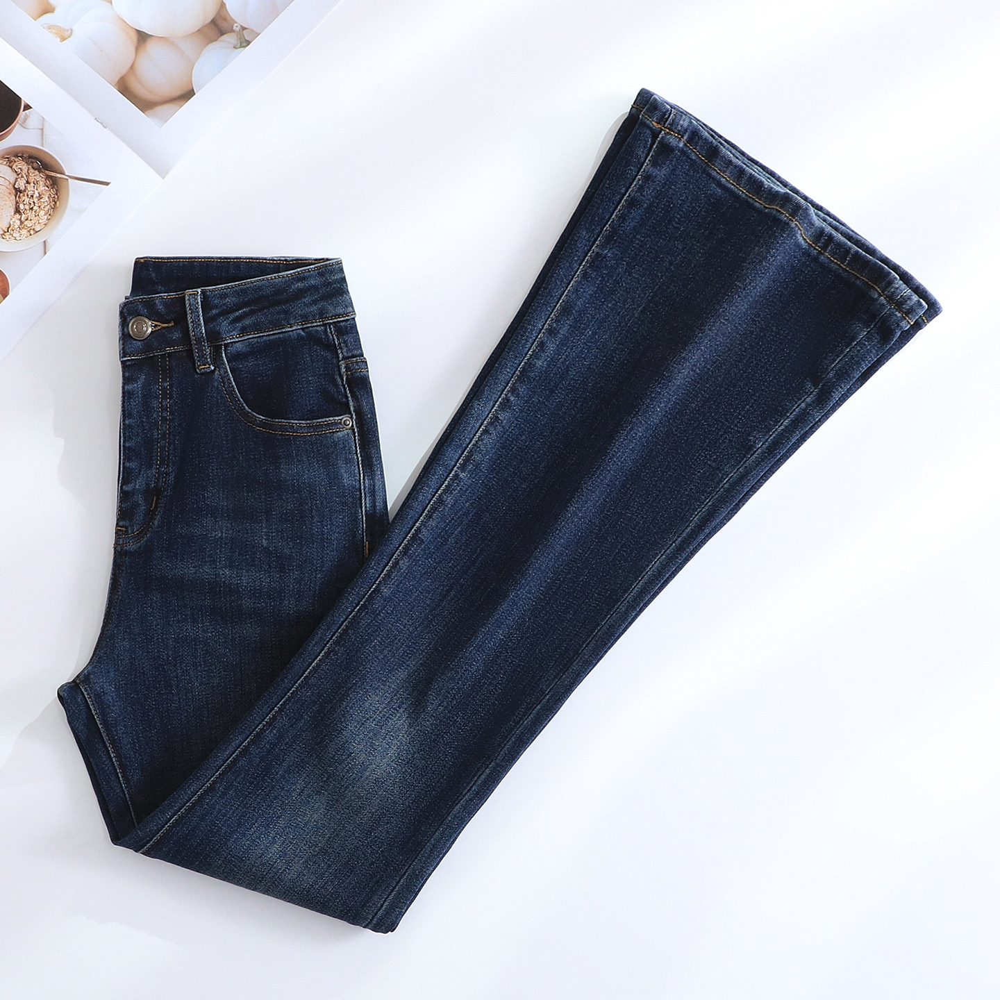 it :CHOCOOLATE深蓝色紧身牛仔裤女高腰修身显瘦弹力高个子喇叭裤