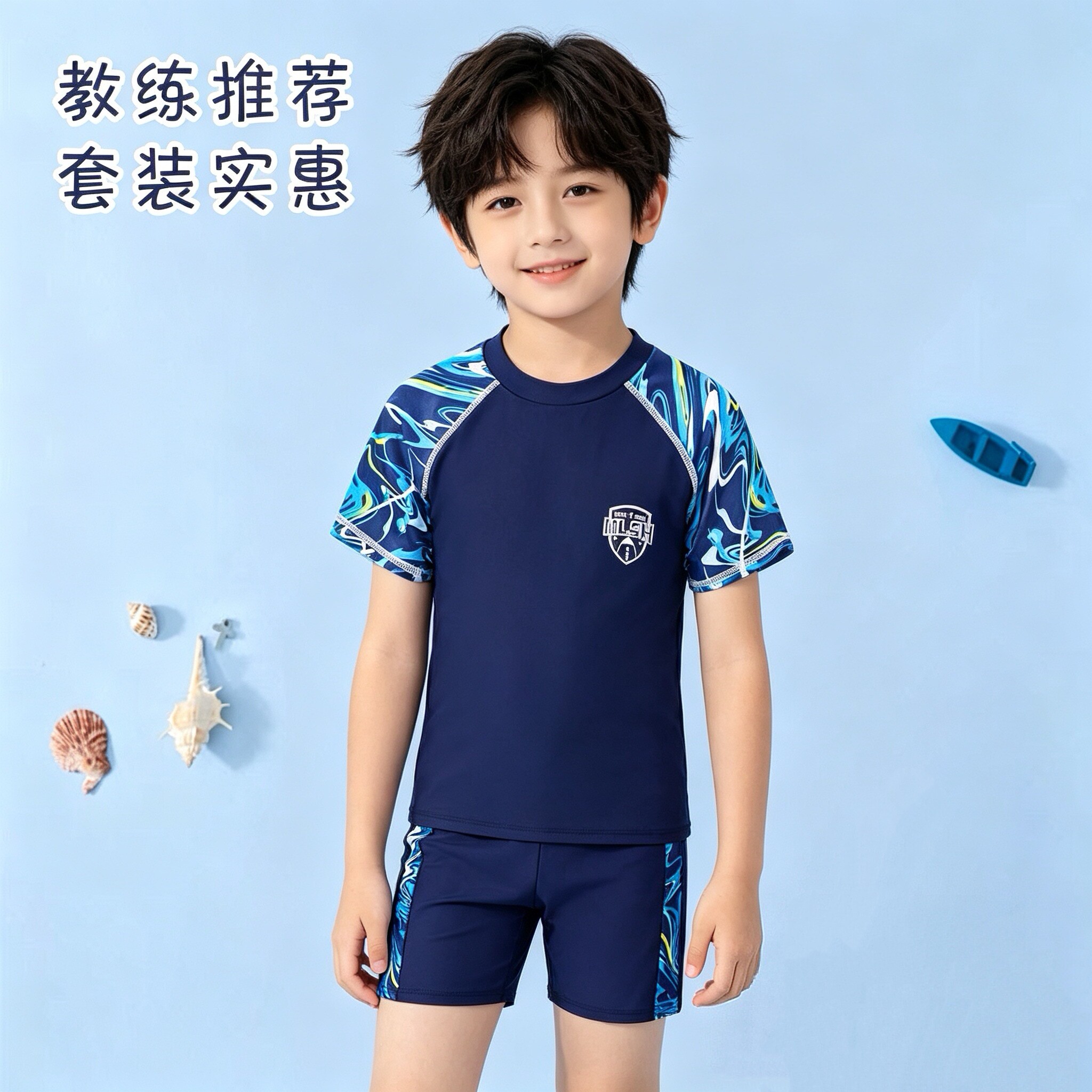 男童泳衣套装韩版迷彩沙滩泳衣泳裤中大童速干学生训练游泳泳装