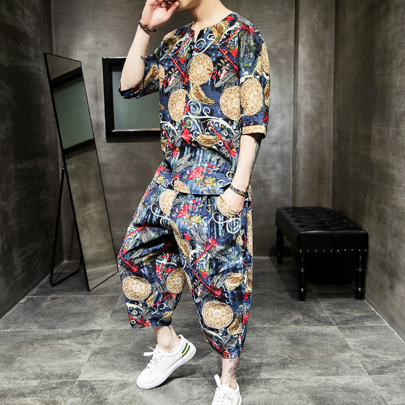 民族風夏季短袖男t恤亞麻套裝沙灘泰國大碼棉麻胖男壹套漢服花色在類目 男裝, T恤中 - 來自Buy2taobao.com提供專業的淘寶代購服務