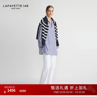 LAFAYETTE148 拉飞逸小翻领V领长绒棉条纹衬衫