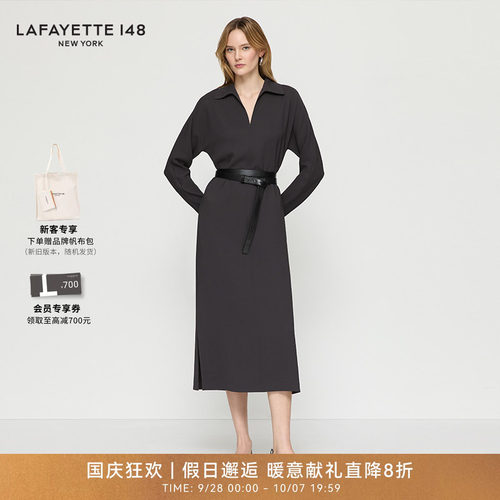 LAFAYETTE148/拉飞逸斜裁V领型翻领系带连衣裙收腰翻领通勤中长裙