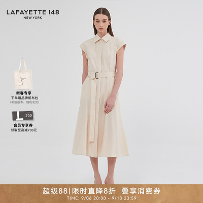 LAFAYETTE148/拉飞逸100%棉舒适透气A字型衬衫连衣裙系带无袖裙