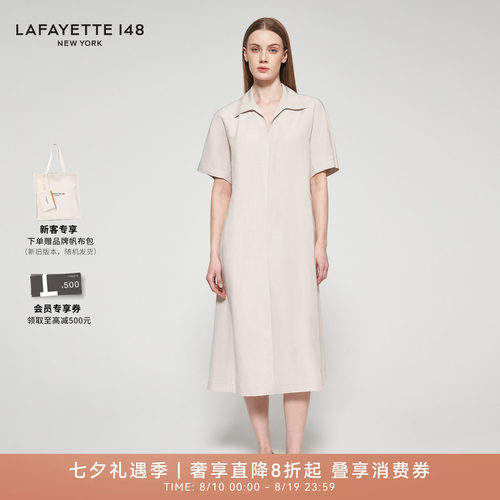 LAFAYETTE148/拉飞逸丝麻POLO领收腰舒适连衣裙日常直筒型中长裙
