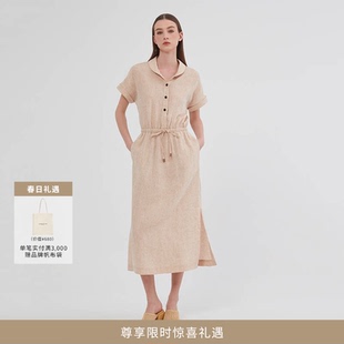 LAFAYETTE148/拉飞逸亚麻抽绳收腰连衣裙衬衫裙