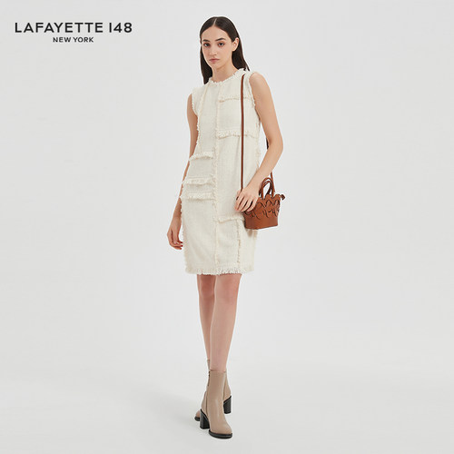 LAFAYETTE148/拉飞逸 流苏拼接圆领无袖连衣裙