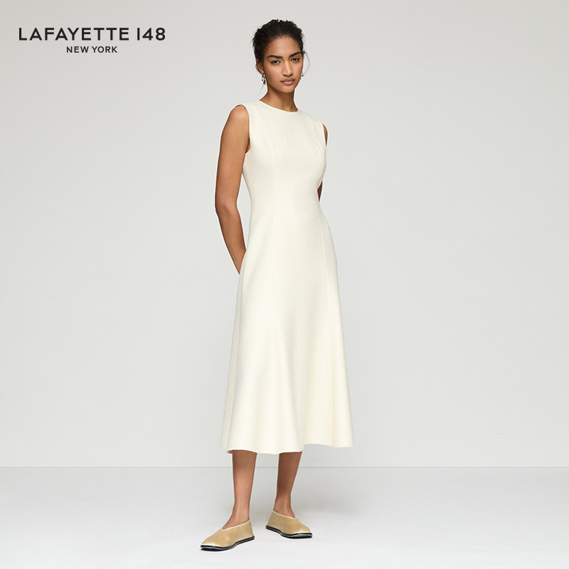 LAFAYETTE148/拉飞逸小香风结圈毛呢收腰A字连衣裙修身型无袖圆领
