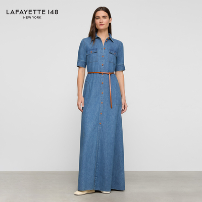 【26春夏新款】LAFAYETTE148/拉飞逸空气牛仔衬衫系腰及踝连身裙