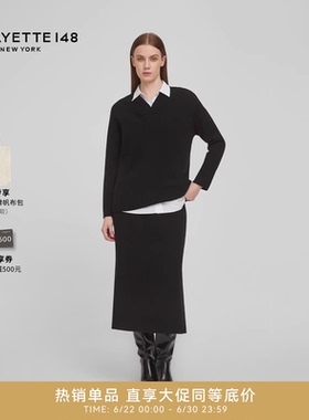 LAFAYETTE148/拉飞逸小V领宽松落肩羊绒针织上衣黑色
