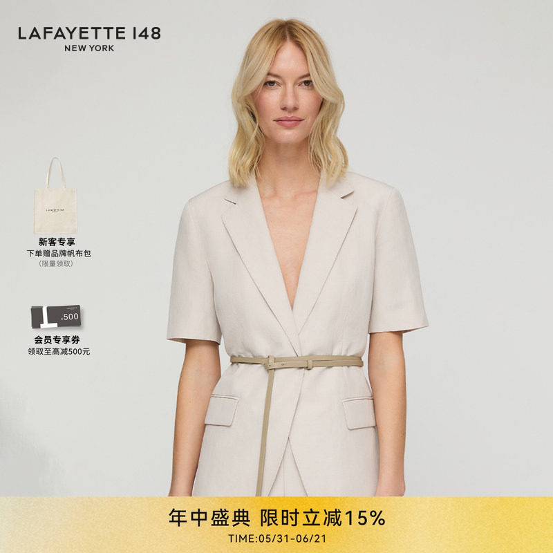 LAFAYETTE148/拉飞逸丝麻礼服呢短袖腰带夹克西装平驳领气质上衣
