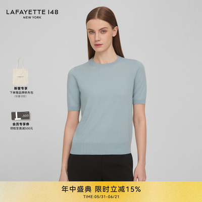 【26春夏新款】LAFAYETTE148/拉飞逸罗纹圆领短袖棉质针织衫上衣