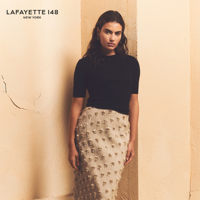 LAFAYETTE148/拉飞逸 圆领短袖黑色羊绒针织上衣