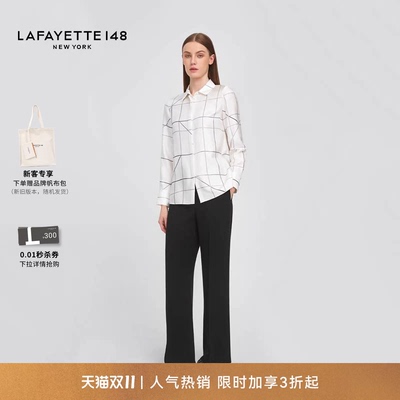 LAFAYETTE148/拉飞逸窗格纹理印花真丝衬衫修身微宽松休闲风上衣