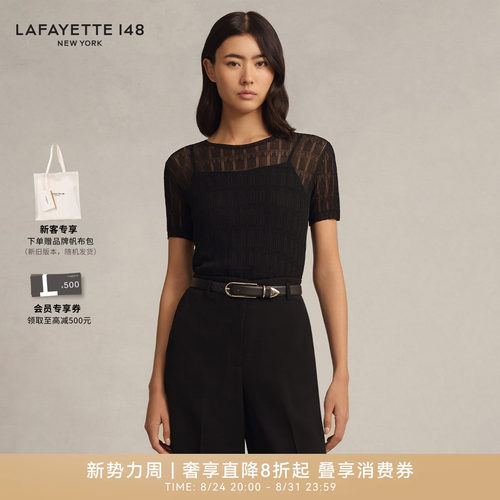 LAFAYETTE148/拉飞逸 修身蕾丝绞花翻领针织短袖修身型圆领上衣