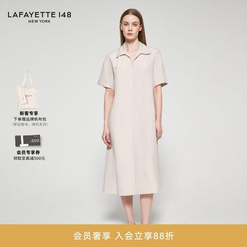 LAFAYETTE148/拉飞逸丝麻POLO领收腰舒适连衣裙日常直筒型中长裙