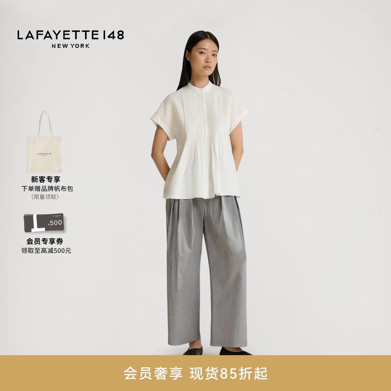 LAFAYETTE148/拉飞逸蓬感亚麻褶饰短袖衬衫简约立领宽松休闲上衣