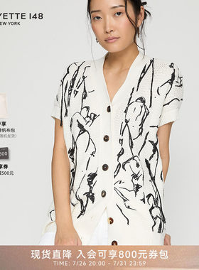 LAFAYETTE148/拉飞逸素描绣花流苏短袖纽扣V领女装针织开衫上衣