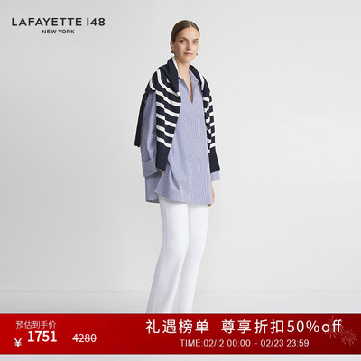 LAFAYETTE148/拉飞逸小翻领V领长绒棉条纹衬衫