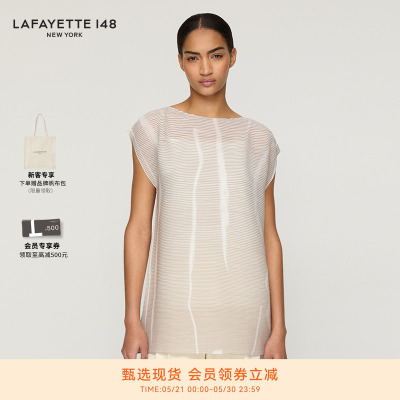 LAFAYETTE148/拉飞逸无袖宽松印花压褶衬衫薄款半透明一字领背心