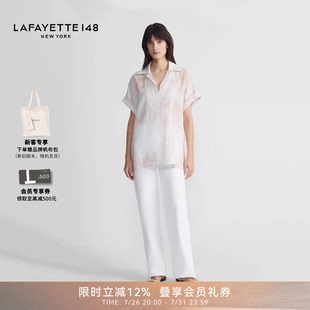 LAFAYETTE148/拉飞逸POLO领直身型亚麻短袖衬衫印花通勤直筒上衣