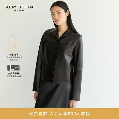 LAFAYETTE148/拉飞逸翻领贴袋羊皮皮质夹克外套直筒型长袖短外套