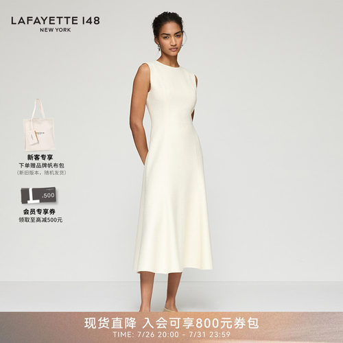 LAFAYETTE148/拉飞逸小香风结圈毛呢收腰A字连衣裙修身型无袖圆领