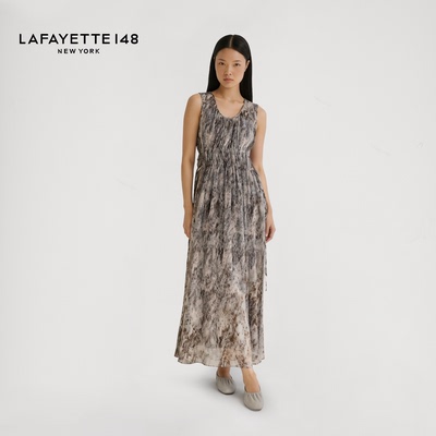 LAFAYETTE148/拉飞逸釉色印花抽褶收腰无袖连衣裙