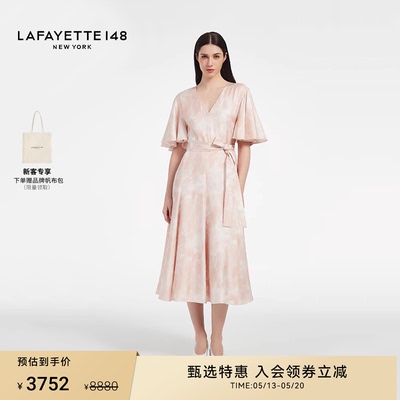 LAFAYETTE148/拉飞逸V领束带荷叶边袖修身连衣裙