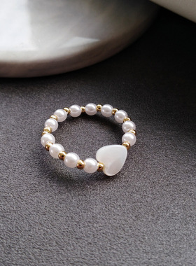 戒指韩版珍珠时尚弹力绳戒指简约爱心桃心形指环小众优雅气质