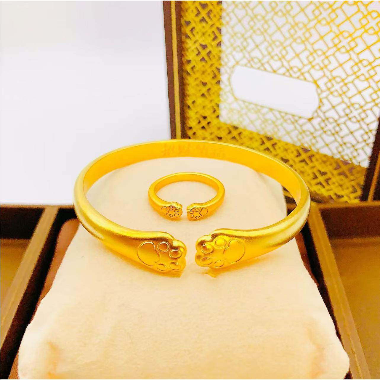 古法金小猫咪脚印手镯猫爪开口手镯猫爪套装戒指手镯工厂