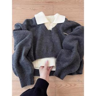 学院风短款POLO领毛衣女秋冬季内搭设计感两件套针织上衣2025新款