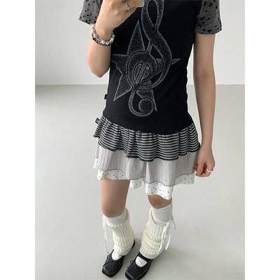 atrandom 三重奏波点条纹半身裙女夏季A字拼接褶皱蛋糕裙