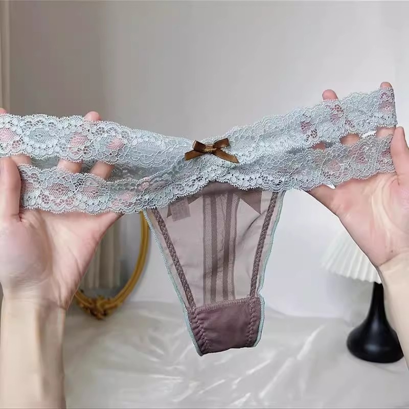 hom新款欧美性感蕾丝内裤女士拼色一字型火辣诱惑网纱t裤三角裤