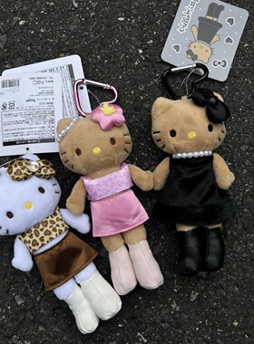 日系新款NIC豹纹黑皮爱心扣长腿kitty包挂件毛绒凯蒂猫钥匙扣挂饰