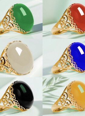 新款跨境高级百搭铜镀黄金色仿蛋形玛瑙开口女士戒指指环饰品批发