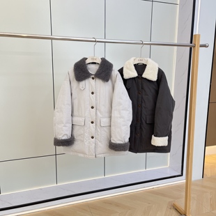 韩版休闲2025年冬季新翻领羊羔毛拼接中长款工装90白鸭绒羽绒服女