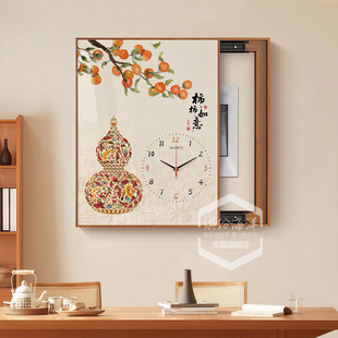 电表箱装饰画新中式时钟遮挡电闸餐厅电源开关盒带钟表挂画竖款