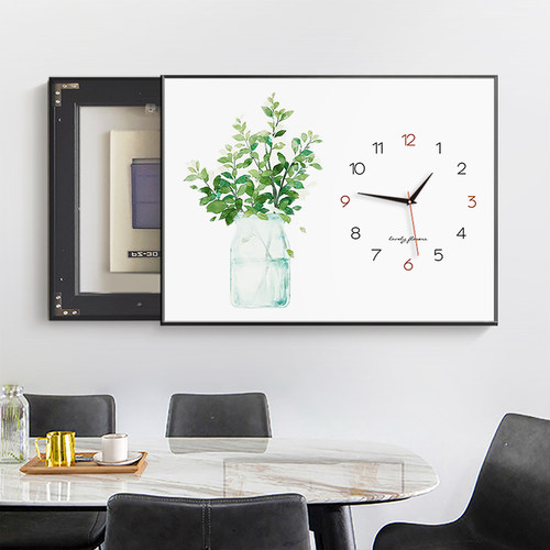 电表箱装饰画带钟表餐厅现代简约遮挡配电箱电闸盒子时钟挂画绿植