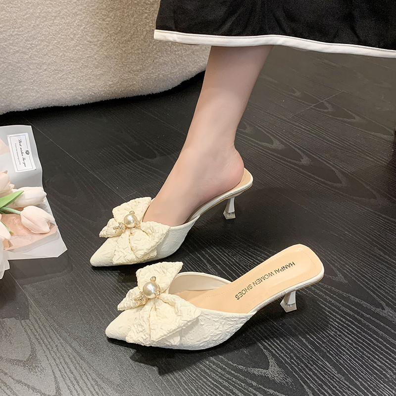 品牌凉鞋女夏2025年新款蝴蝶结粗跟中跟小众设计感法式包头半拖高