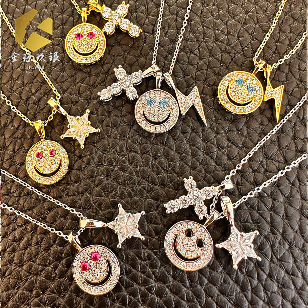 EYEFUNNY笑脸闪电项链锁骨链925银镀金镶钻星星十字男女情侣礼物图片