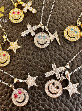 EYEFUNNY笑脸闪电项链锁骨链925银镀金镶钻星星十字男女情侣礼物