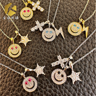 EYEFUNNY笑脸闪电项链锁骨链925银镀金镶钻星星十字男女情侣礼物