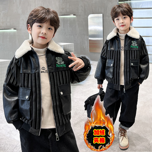 加厚夹棉皮夹克 洋气男孩儿童冬季 男童秋冬装 加绒皮衣外套2026新款