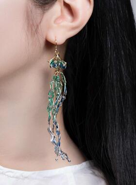灵扬手作鹦鹉梨推荐渐变色水母耳钉纯银气质耳环夏季新款耳饰女