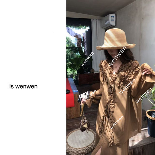 WEN夏季长岛冰茶荷叶边蕾丝衫