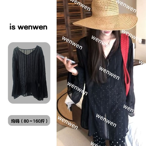 WEN清冷雾纱夏季竖条透视上衣