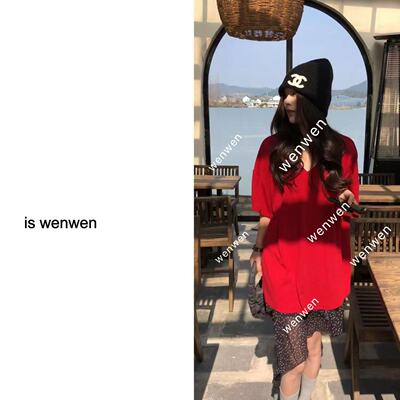 WEN韩系垂感V领宽松大版T恤