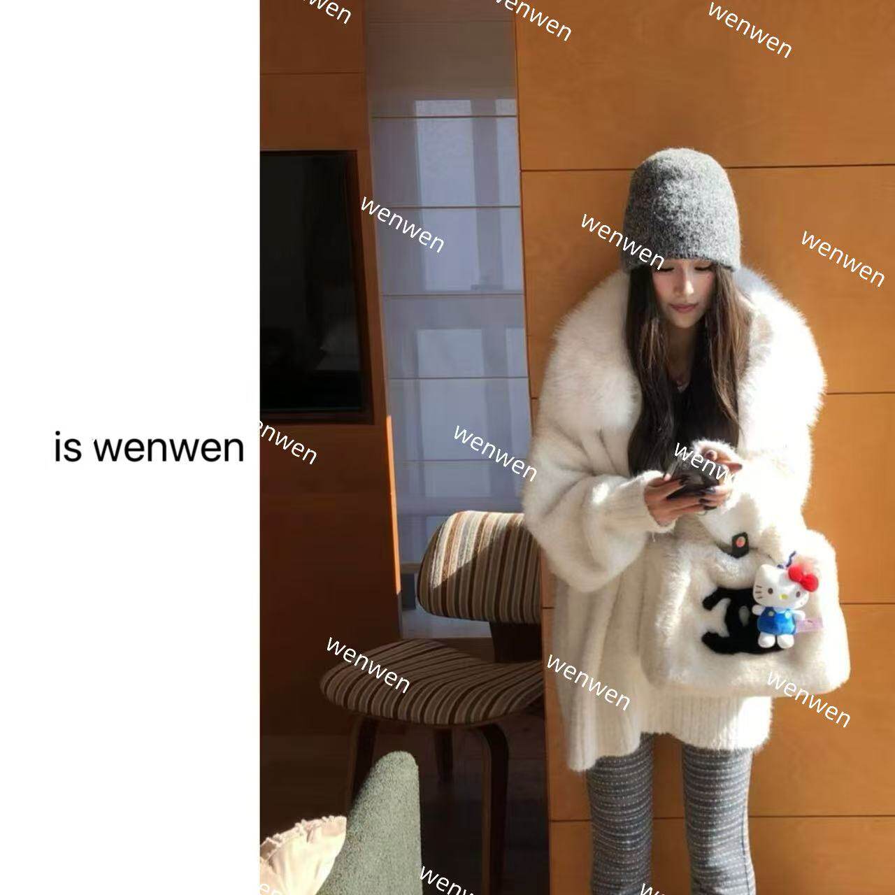 软糯舒适毛毛领针织连帽开衫